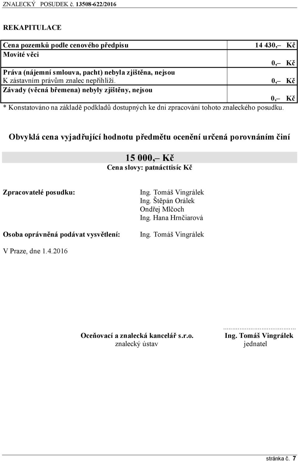 Obvyklá cena vyjadřující hodnotu předmětu ocenění určená porovnáním činí 15 000, Kč Cena slovy: patnácttisíc Kč Zpracovatelé posudku: Osoba oprávněná podávat vysvětlení: Ing.