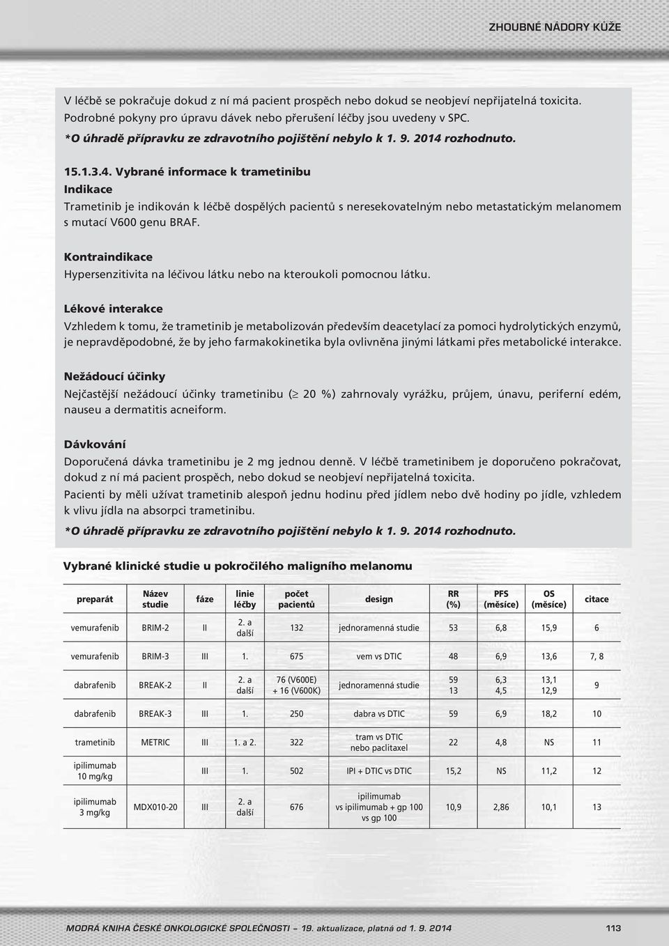 rozhodnuto. 15.1.3.4. Vybrané informace k trametinibu Trametinib je indikován k léčbě dospělých pacientů s neresekovatelným nebo metastatickým melanomem s mutací V600 genu BRAF.