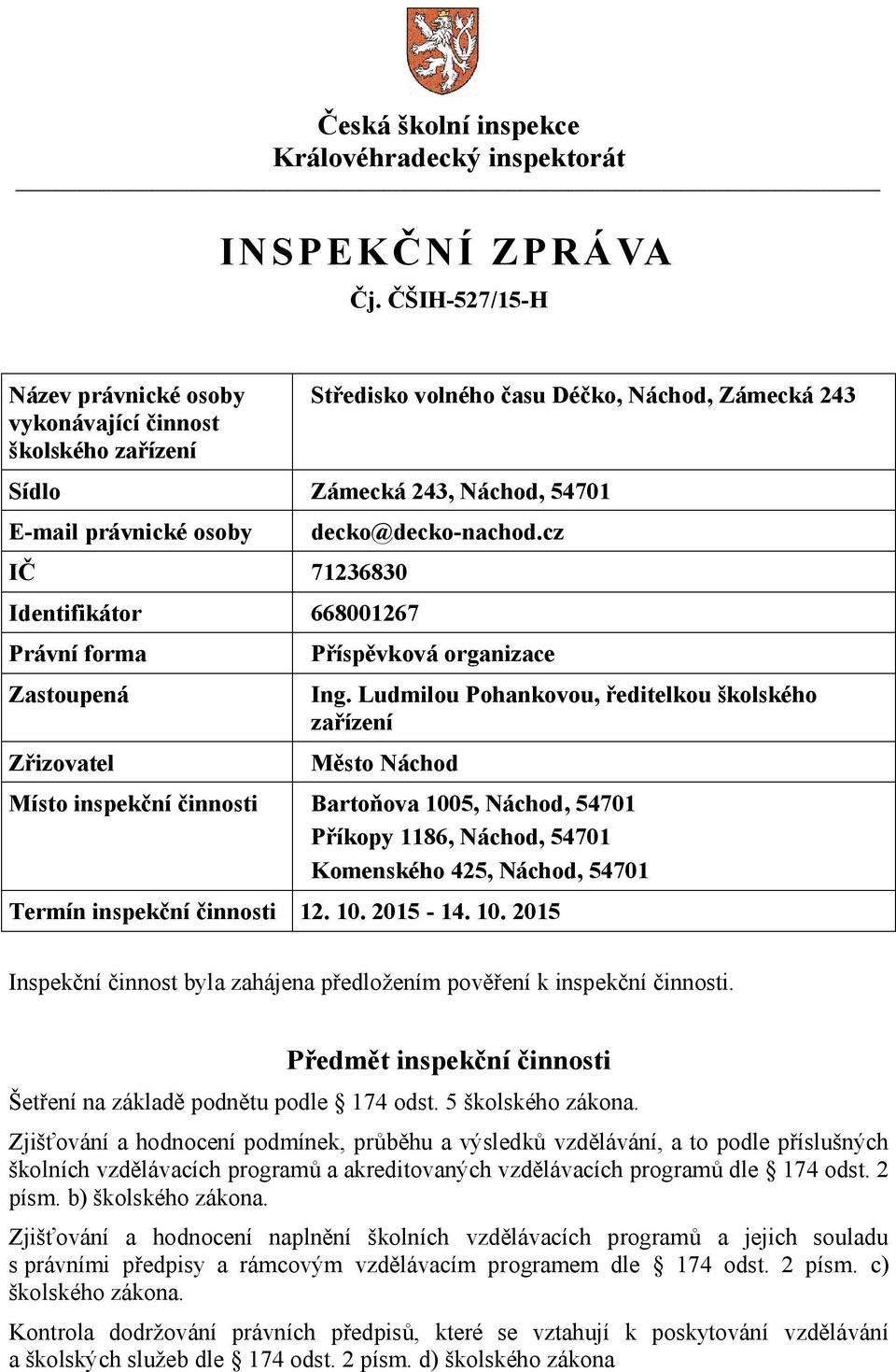 Identifikátor 668001267 Právní forma Zastoupená Zřizovatel decko@decko-nachod.cz Příspěvková organizace Ing.