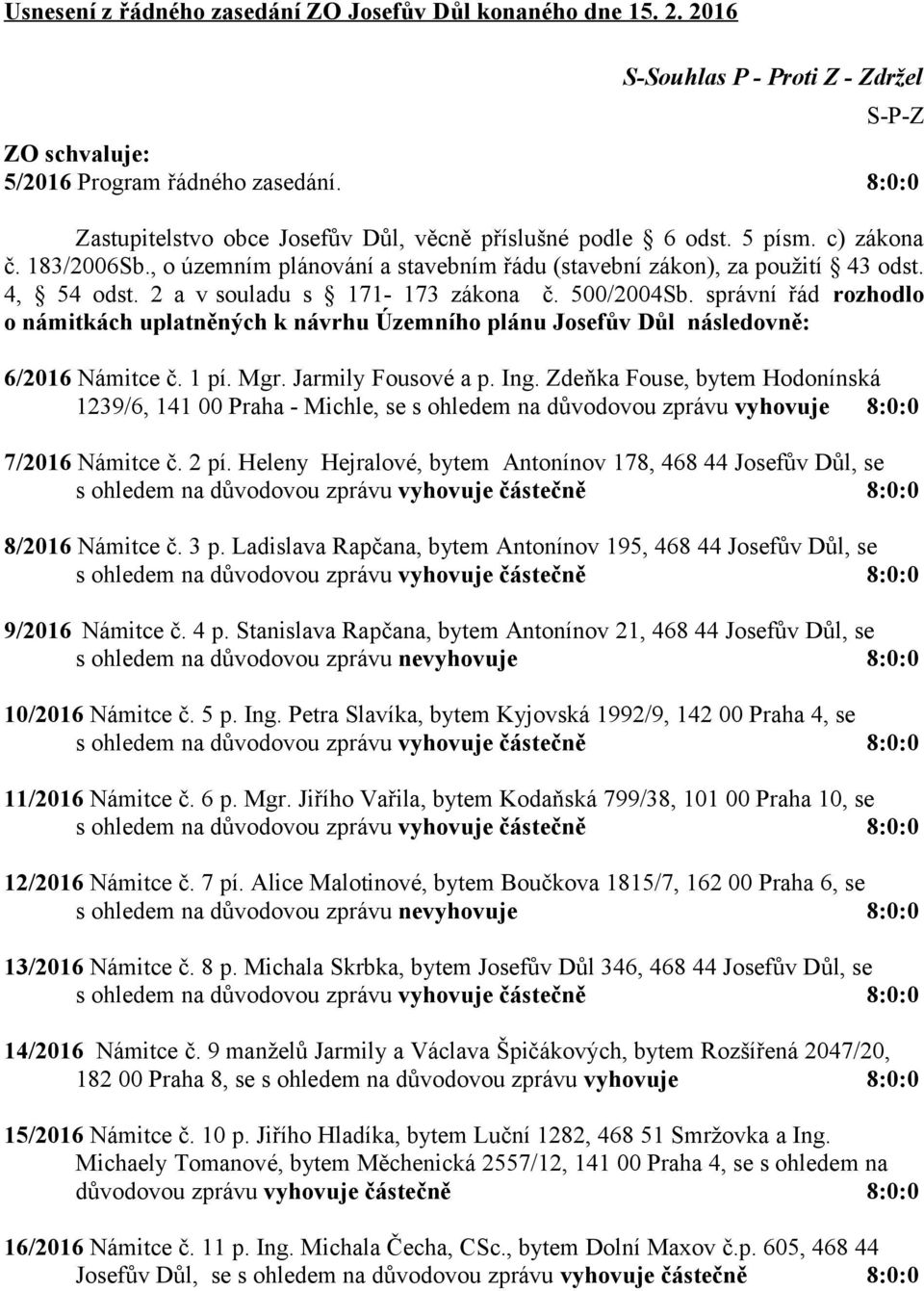 2 a v souladu s 171-173 zákona č. 500/2004Sb. správní řád rozhodlo o námitkách uplatněných k návrhu Územního plánu Josefův Důl následovně: 6/2016 Námitce č. 1 pí. Mgr. Jarmily Fousové a p. Ing.