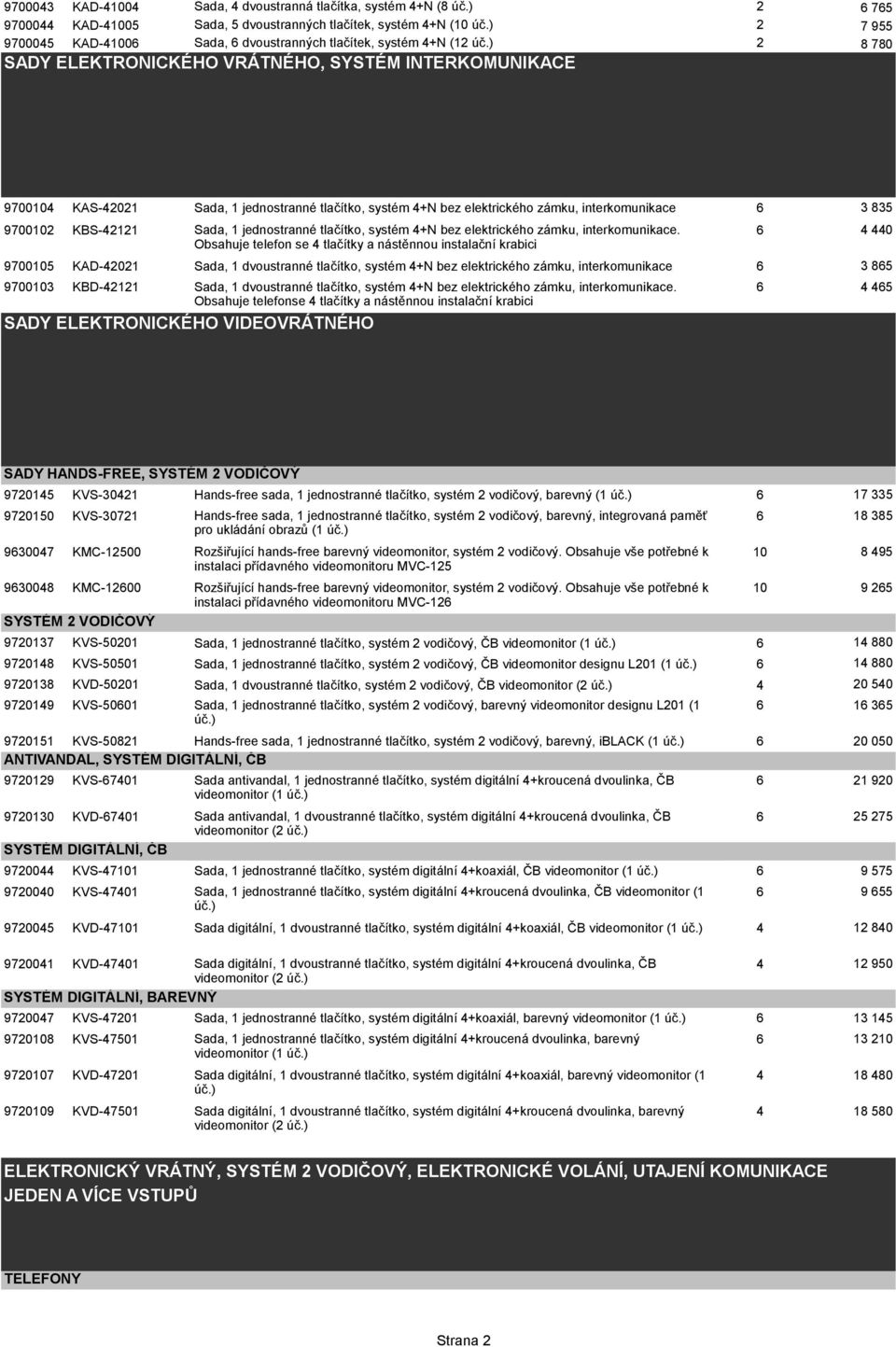 ) 2 SADY ELEKTRONICKÉHO VRÁTNÉHO, SYSTÉM INTERKOMUNIKACE 6 76 7 9 8 780 9700104 KAS-42021 Sada, 1 jednostranné tlačítko, systém 4+N bez elektrického zámku, interkomunikace 6 9700102 KBS-42121 Sada, 1