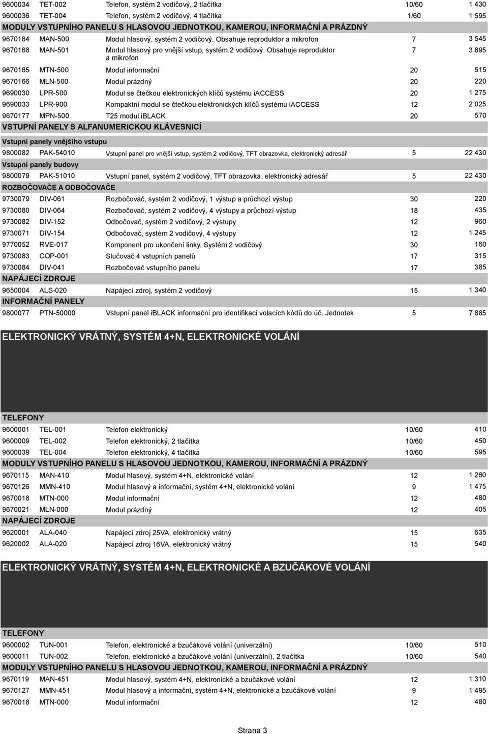 Obsahuje reproduktor 7 3 89 a mikrofon 967016 MTN-00 Modul informační 20 1 9670166 MLN-00 Modul prázdný 20 220 9690030 LPR-00 Modul se čtečkou elektronických klíčů systému iaccess 20 1 27 9690033