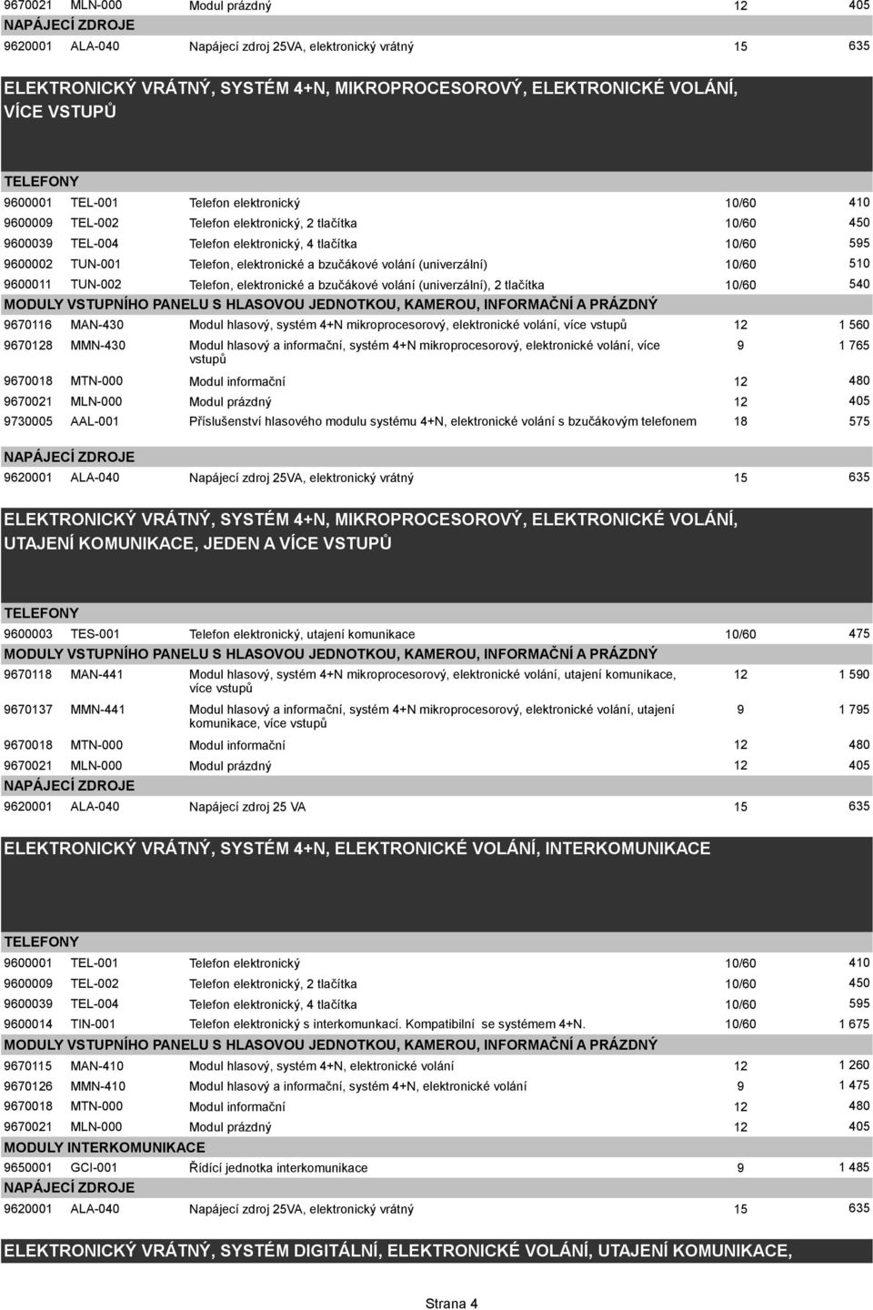 bzučákové volání (univerzální) 10/60 10 9600011 TUN-002 Telefon, elektronické a bzučákové volání (univerzální), 2 tlačítka 10/60 40 9670116 MAN-430 Modul hlasový, systém 4+N mikroprocesorový,