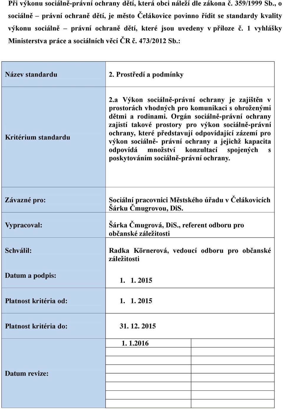 1 vyhlášky Ministerstva práce a sociálních věcí ČR č. 473/2012 Sb.: Název standardu 2. Prostředí a podmínky Kritérium standardu 2.