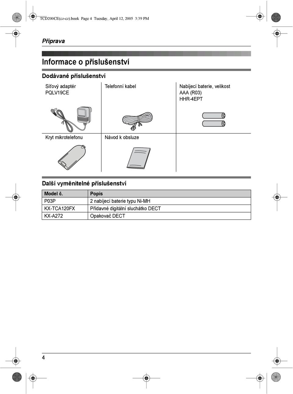 příslušenství Síùový adaptér PQLV19CE Telefonní kabel Nabíjecí baterie, velikost AAA (R03)