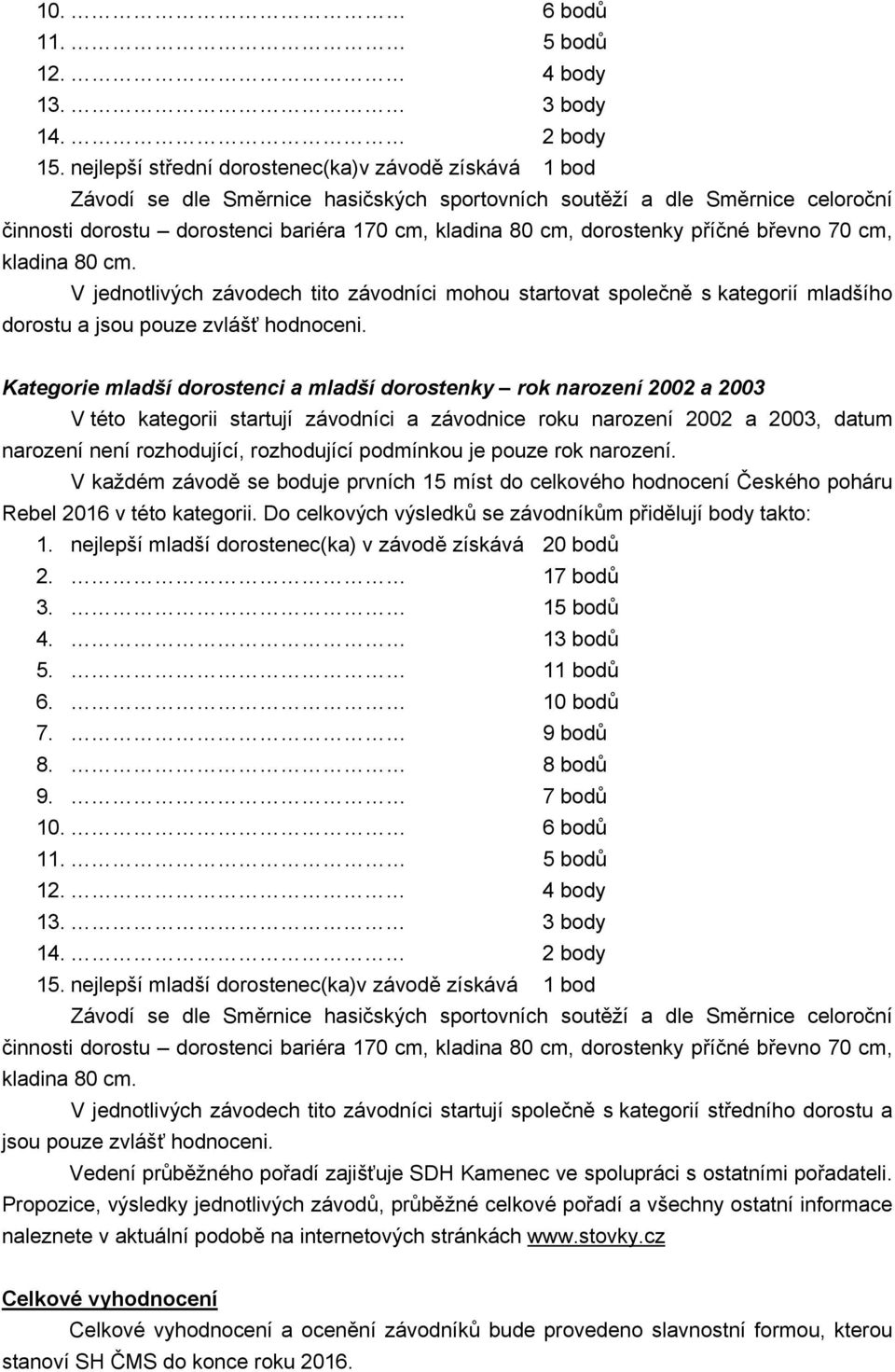 Kategorie mladší dorostenci a mladší dorostenky rok narození 2002 a 2003 V této kategorii startují závodníci a závodnice roku narození 2002 a 2003, datum V každém závodě se boduje prvních 15 míst do