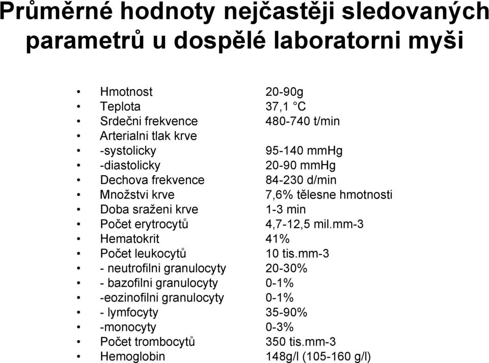 sraţeni krve 1-3 min Počet erytrocytů 4,7-12,5 mil.mm-3 Hematokrit 41% Počet leukocytů 10 tis.