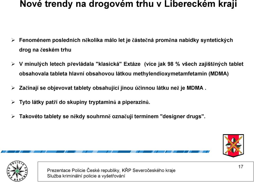 methylendioxymetamfetamin (MDMA) Začínají se objevovat tablety obsahující jinou účinnou látku než je MDMA.