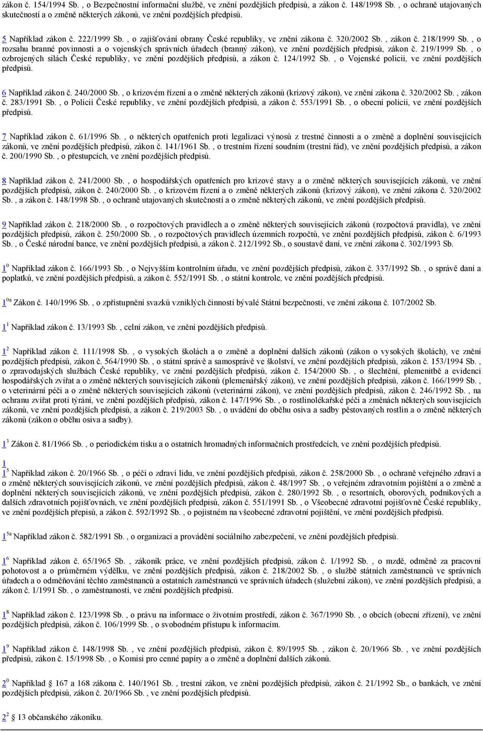 , zákon č. 218/1999 Sb., o rozsahu branné povinnosti a o vojenských správních úřadech (branný zákon), ve znění pozdějších předpisů, zákon č. 219/1999 Sb.