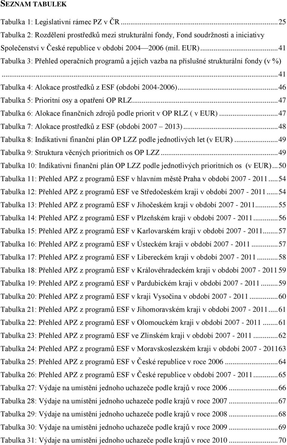 .. 46 Tabulka 5: Prioritní osy a opatření OP RLZ... 47 Tabulka 6: Alokace finančních zdrojů podle priorit v OP RLZ ( v EUR)... 47 Tabulka 7: Alokace prostředků z ESF (období 2007 2013).