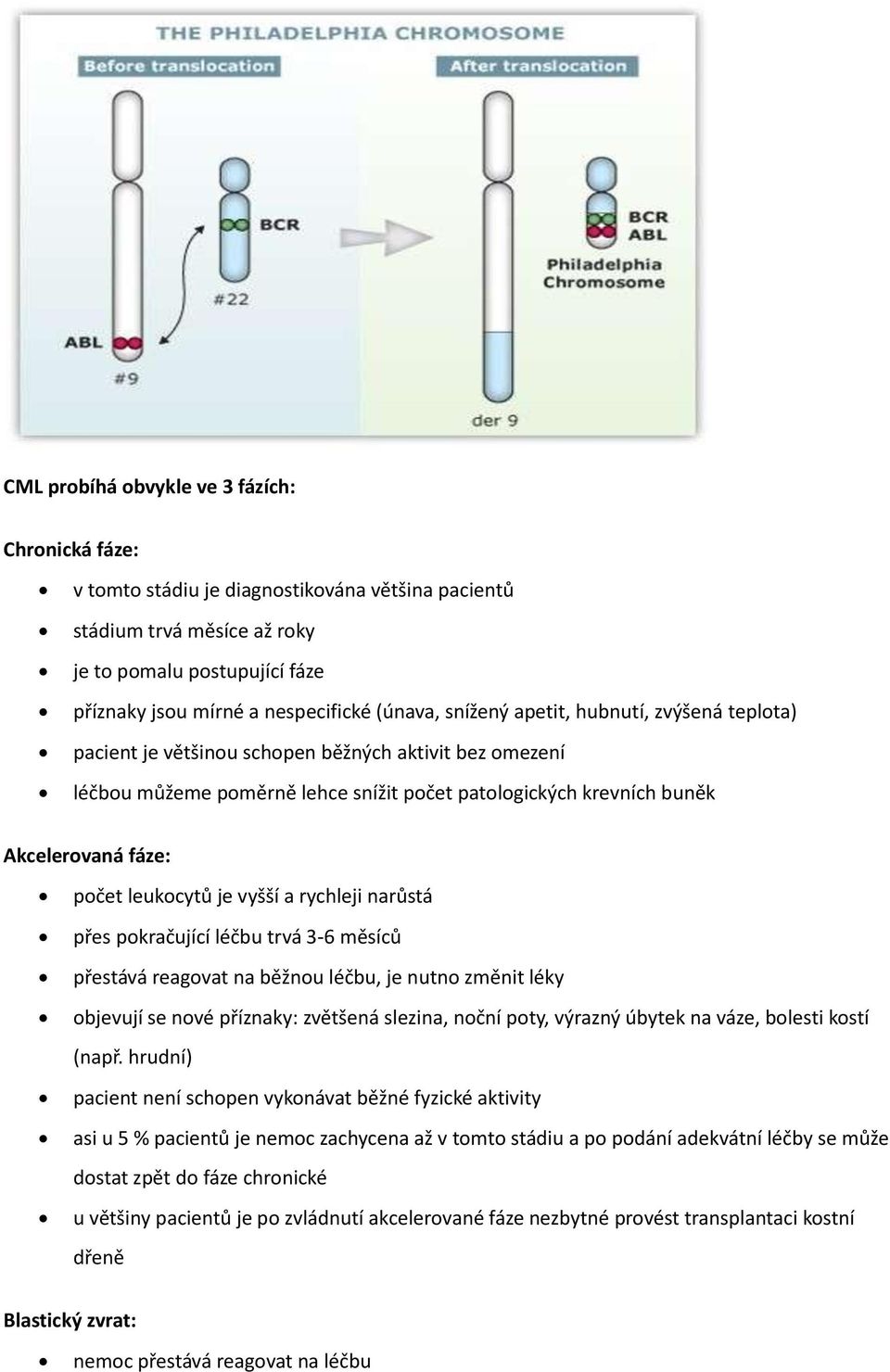 počet leukocytů je vyšší a rychleji narůstá přes pokračující léčbu trvá 3-6 měsíců přestává reagovat na běžnou léčbu, je nutno změnit léky objevují se nové příznaky: zvětšená slezina, noční poty,