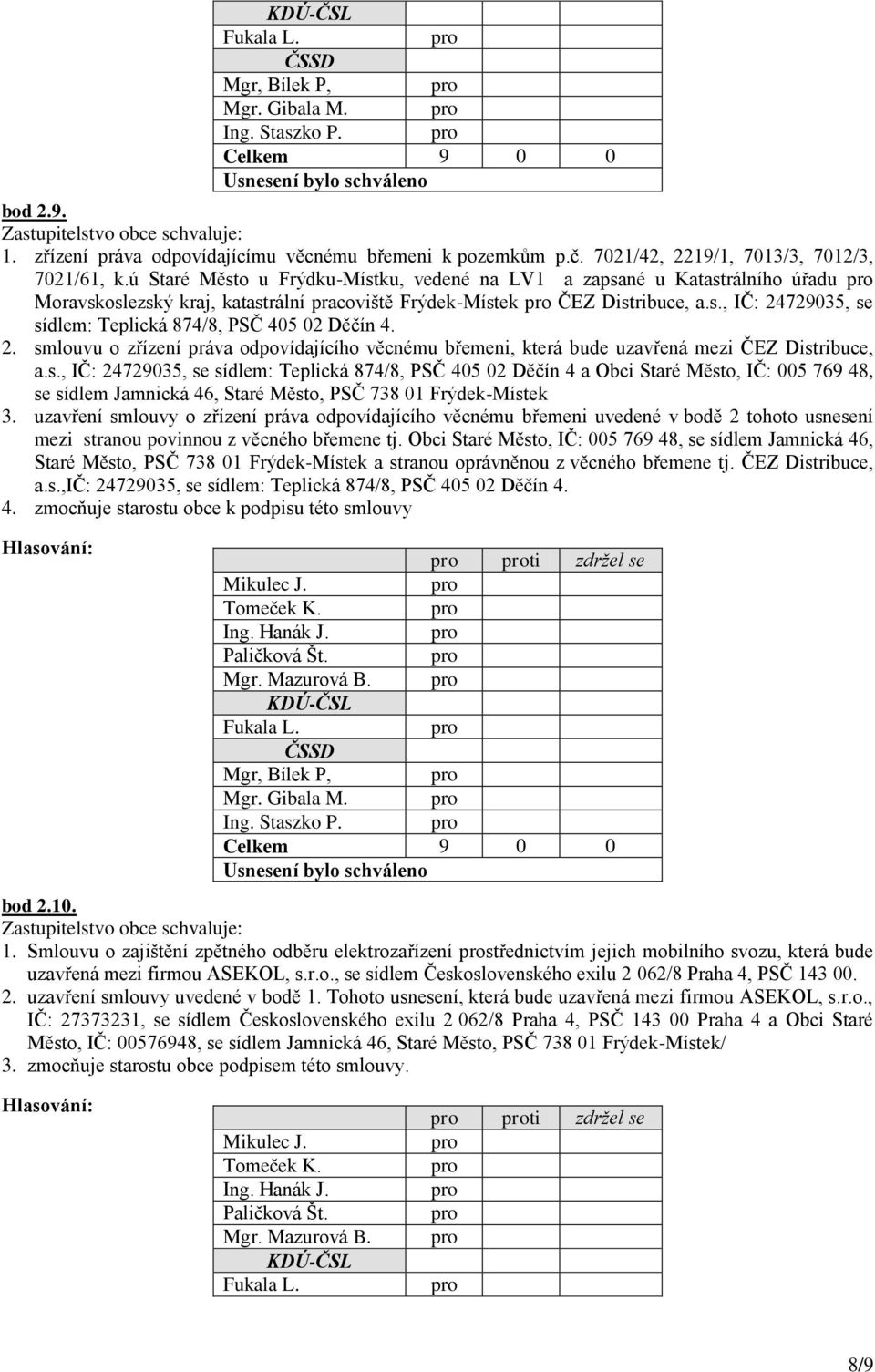 2. smlouvu o zřízení práva odpovídajícího věcnému břemeni, která bude uzavřená mezi ČEZ Distribuce, a.s., IČ: 24729035, se sídlem: Teplická 874/8, PSČ 405 02 Děčín 4 a Obci Staré Město, IČ: 005 769 48, se sídlem Jamnická 46, Staré Město, PSČ 738 01 Frýdek-Místek 3.