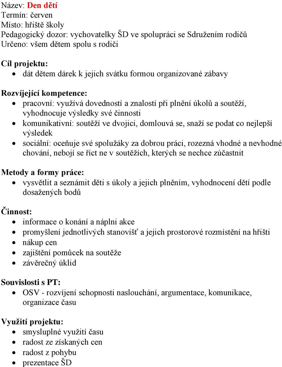 se, snaží se podat co nejlepší výsledek sociální: oceňuje své spolužáky za dobrou práci, rozezná vhodné a nevhodné chování, nebojí se říct ne v soutěžích, kterých se nechce zúčastnit Metody a formy