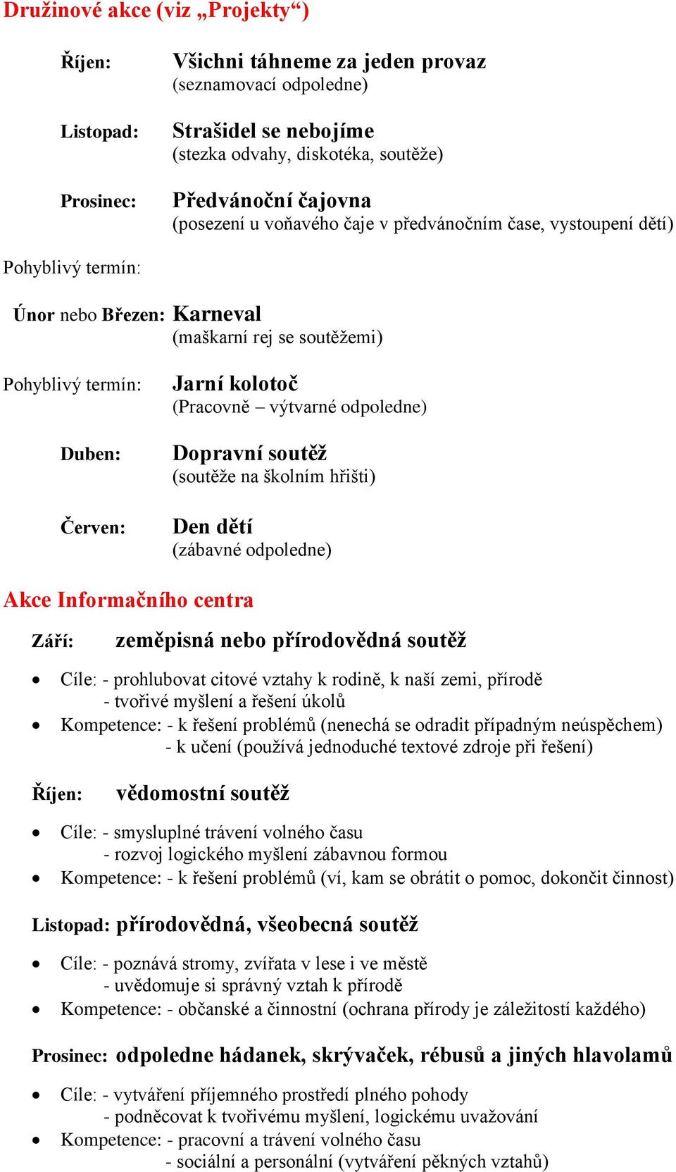 výtvarné odpoledne) Dopravní soutěž (soutěže na školním hřišti) Den dětí (zábavné odpoledne) Akce Informačního centra Září: zeměpisná nebo přírodovědná soutěž Cíle: - prohlubovat citové vztahy k