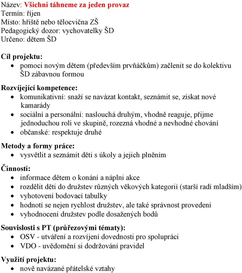 přijme jednoduchou roli ve skupině, rozezná vhodné a nevhodné chování občanské: respektuje druhé Metody a formy práce: vysvětlit a seznámit děti s úkoly a jejich plněním Činnosti: informace dětem o