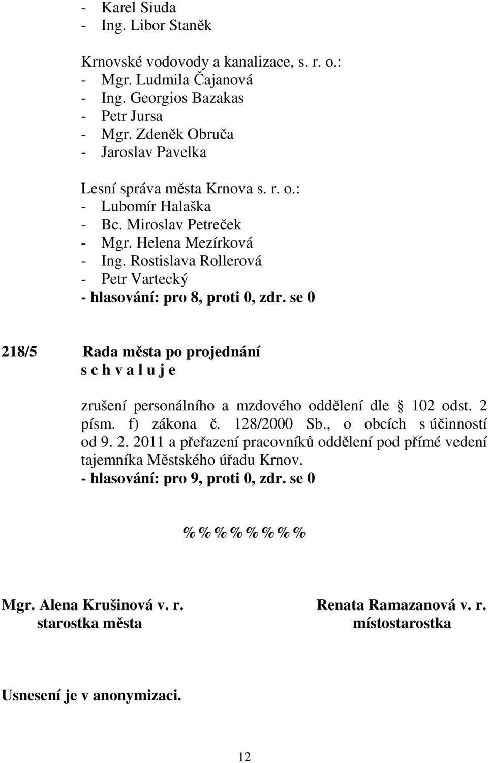 Rostislava Rollerová - Petr Vartecký 218/5 Rada města po projednání zrušení personálního a mzdového oddělení dle 102 odst. 2 písm. f) zákona č. 128/2000 Sb.