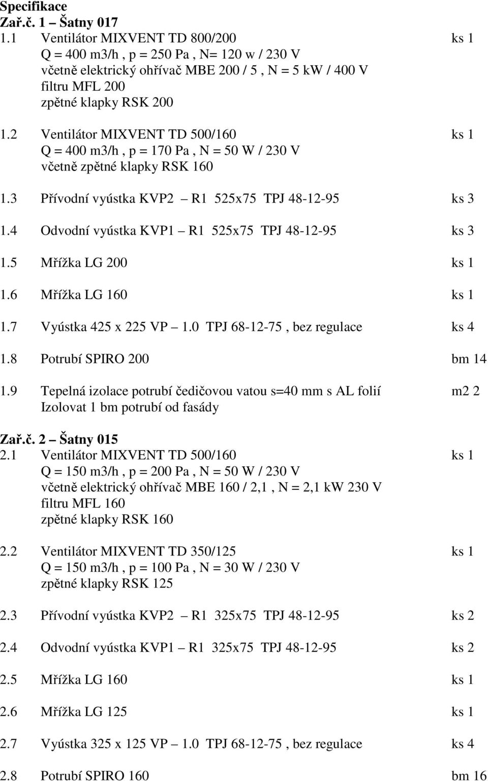 2 Ventilátor MIXVENT TD 500/160 ks 1 Q = 400 m3/h, p = 170 Pa, N = 50 W / 230 V včetně zpětné klapky RSK 160 1.3 Přívodní vyústka KVP2 R1 525x75 TPJ 48-12-95 ks 3 1.