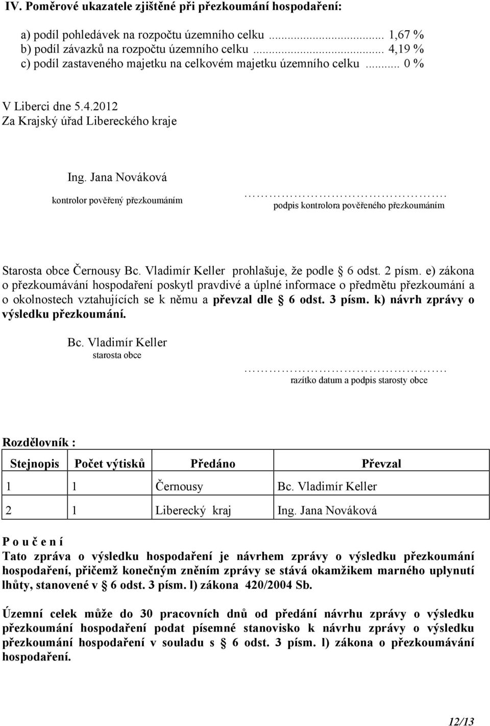 podpis kontrolora pověřeného přezkoumáním Starosta obce Černousy Bc. Vladimír Keller prohlašuje, že podle 6 odst. 2 písm.