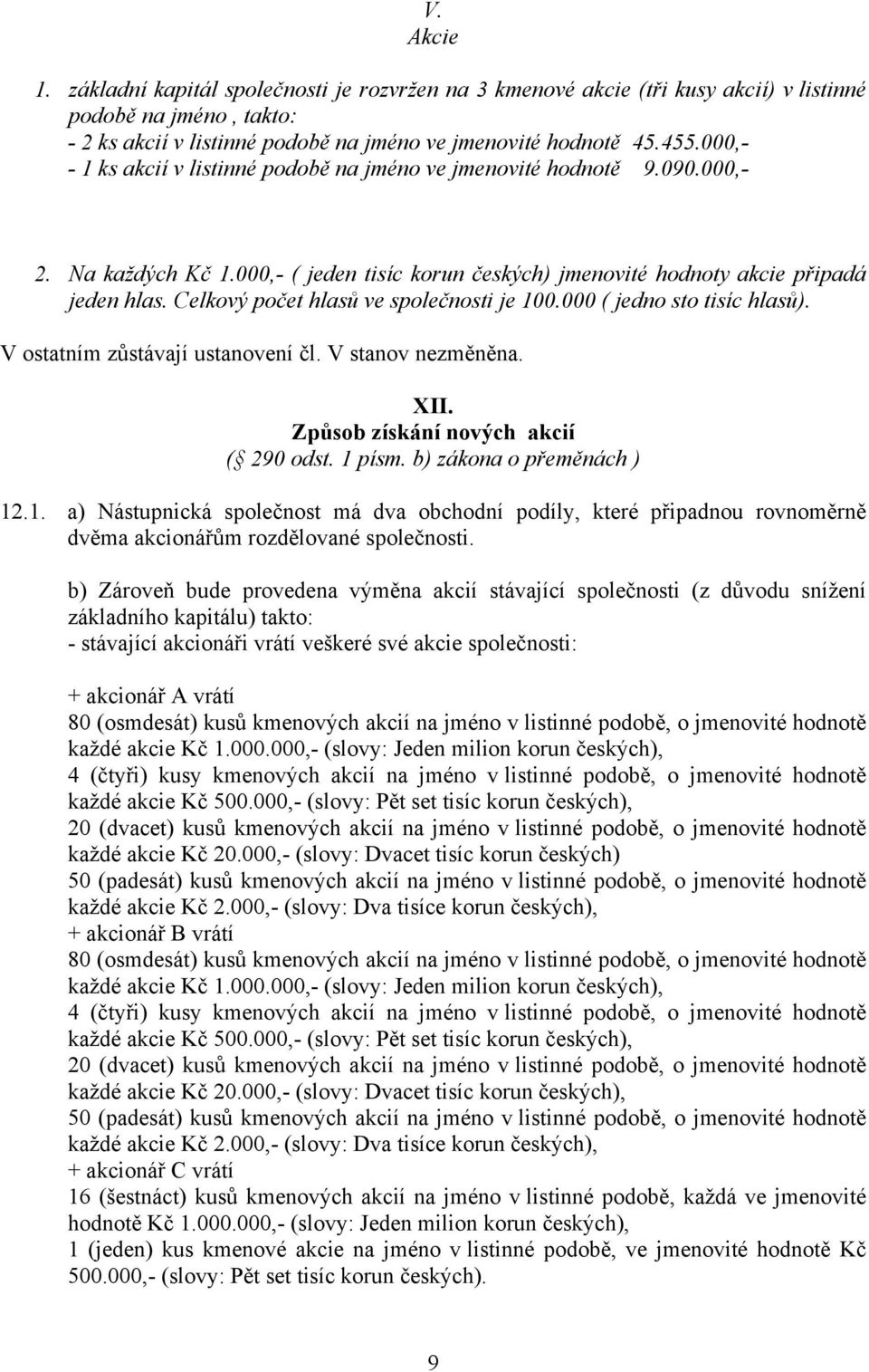 Celkový počet hlasů ve společnosti je 100.000 ( jedno sto tisíc hlasů). V ostatním zůstávají ustanovení čl. V stanov nezměněna. XII. Způsob získání nových akcií ( 290 odst. 1 písm.