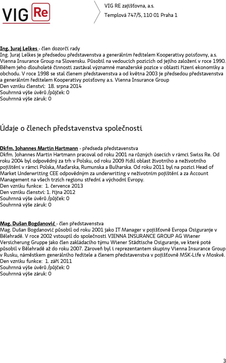 V roce 1998 se stal členem představenstva a od května 2003 je předsedou představenstva a generálním ředitelem Kooperativy poisťovny a.s. Vienna Insurance Group Den vzniku členství: 18.