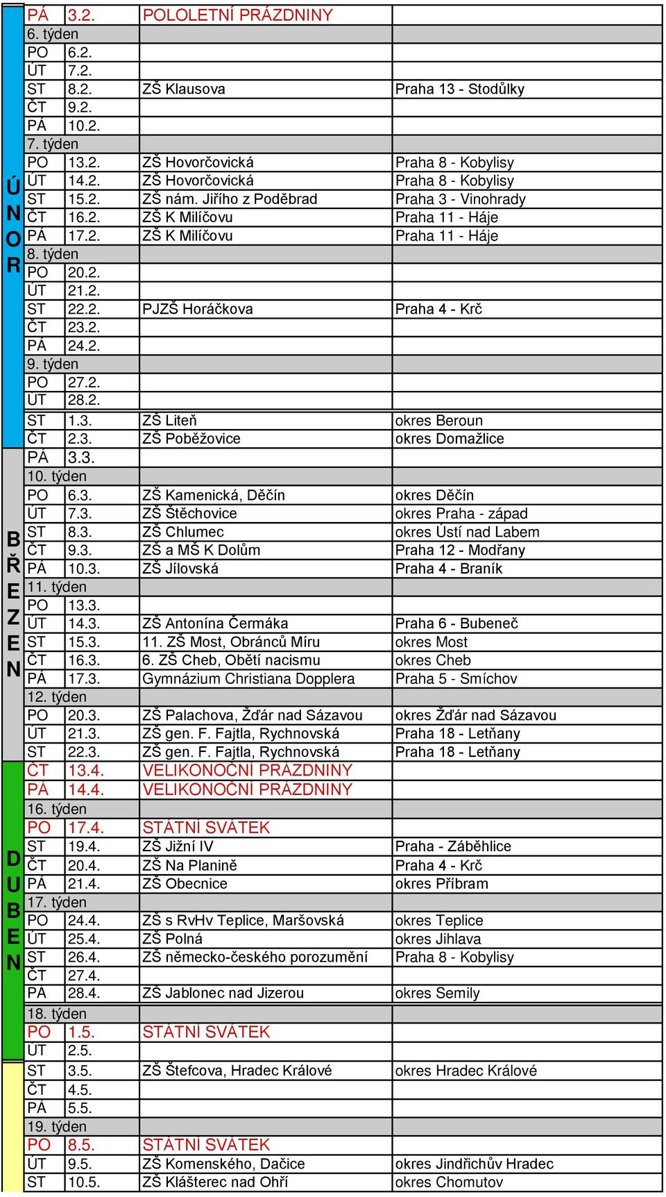 2. 9. týden PO 27.2. ÚT 28.2. ST 1.3. ZŠ Liteň okres Beroun ČT 2.3. ZŠ Poběžovice okres Domažlice PÁ 3.3. 10. týden PO 6.3. ZŠ Kamenická, Děčín okres Děčín ÚT 7.3. ZŠ Štěchovice okres Praha - západ ST 8.