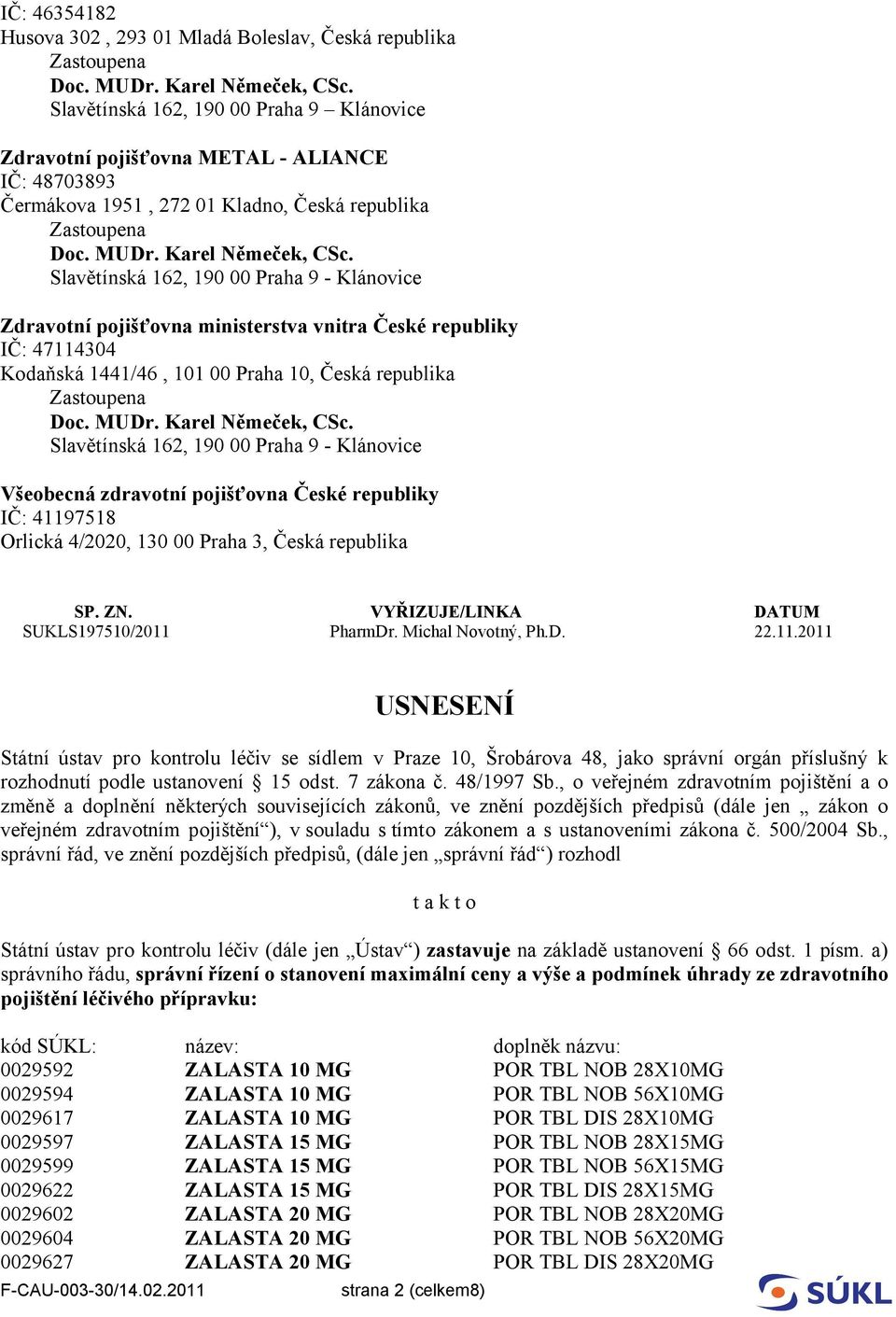 ZN. VYŘIZUJE/LINKA DATUM SUKLS197510/2011 PharmDr. Michal Novotný, Ph.D. 22.11.2011 USNESENÍ Státní ústav pro kontrolu léčiv se sídlem v Praze 10, Šrobárova 48, jako správní orgán příslušný k rozhodnutí podle ustanovení 15 odst.