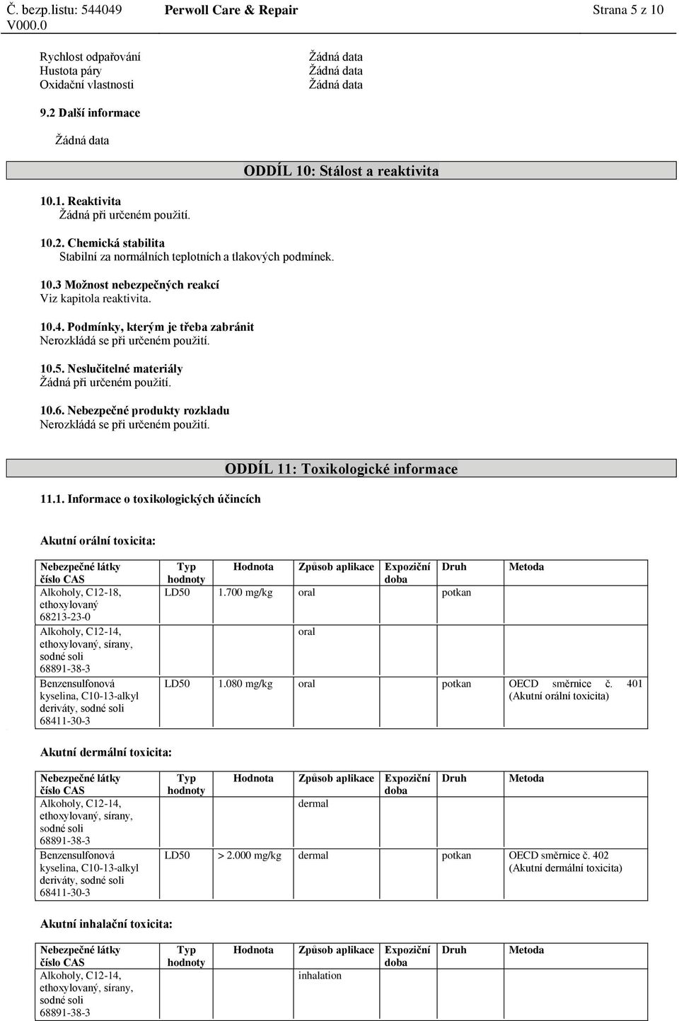 Podmínky, kterým je třeba zabránit Nerozkládá se při určeném použití. 10.5. Neslučitelné materiály Žádná při určeném použití. 10.6. Nebezpečné produkty rozkladu Nerozkládá se při určeném použití. 11.