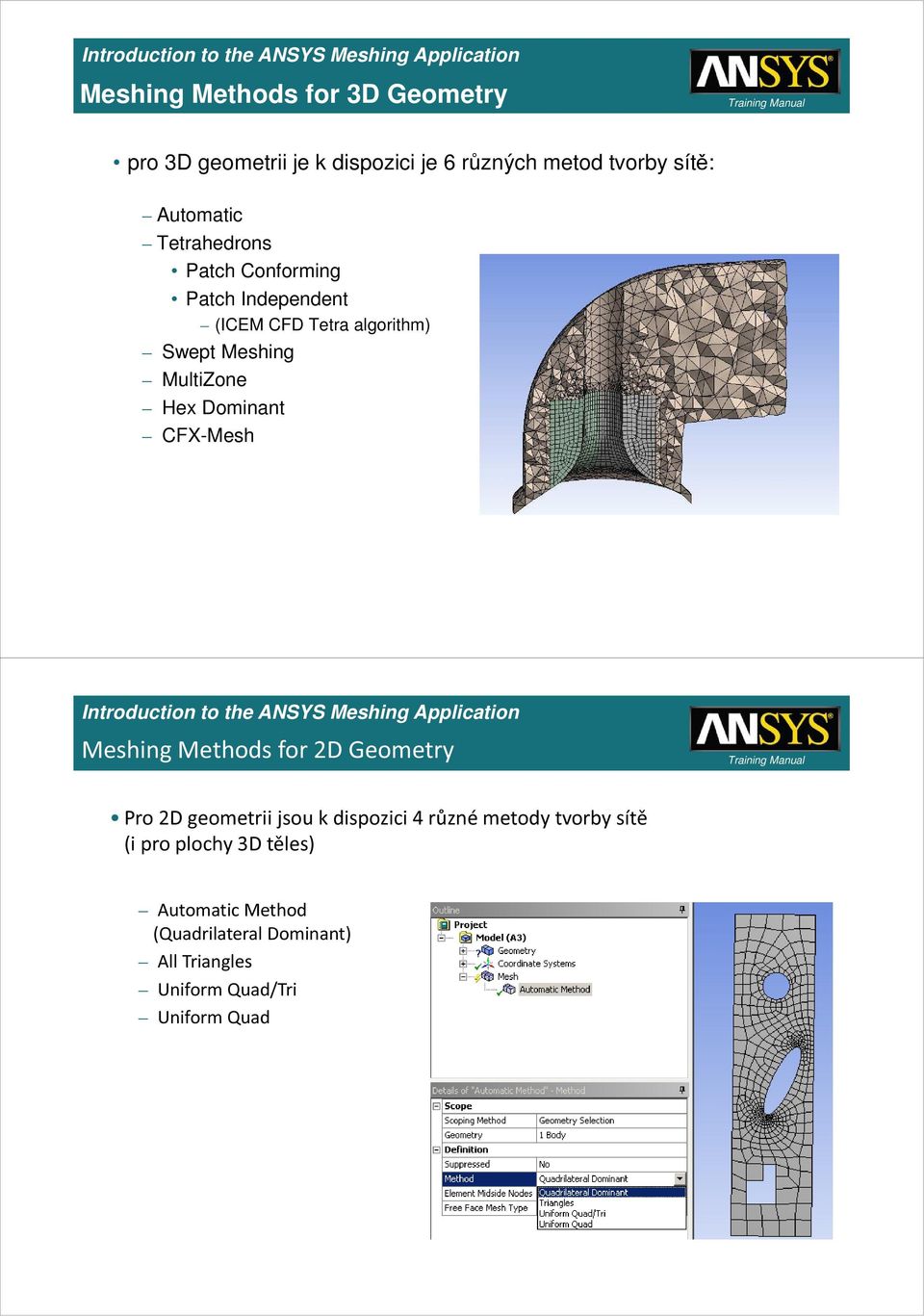 Dominant CFX-Mesh 2-13 Meshing Methods for 2D Geometry Pro 2D geometrii jsou k dispozici 4 různé metody