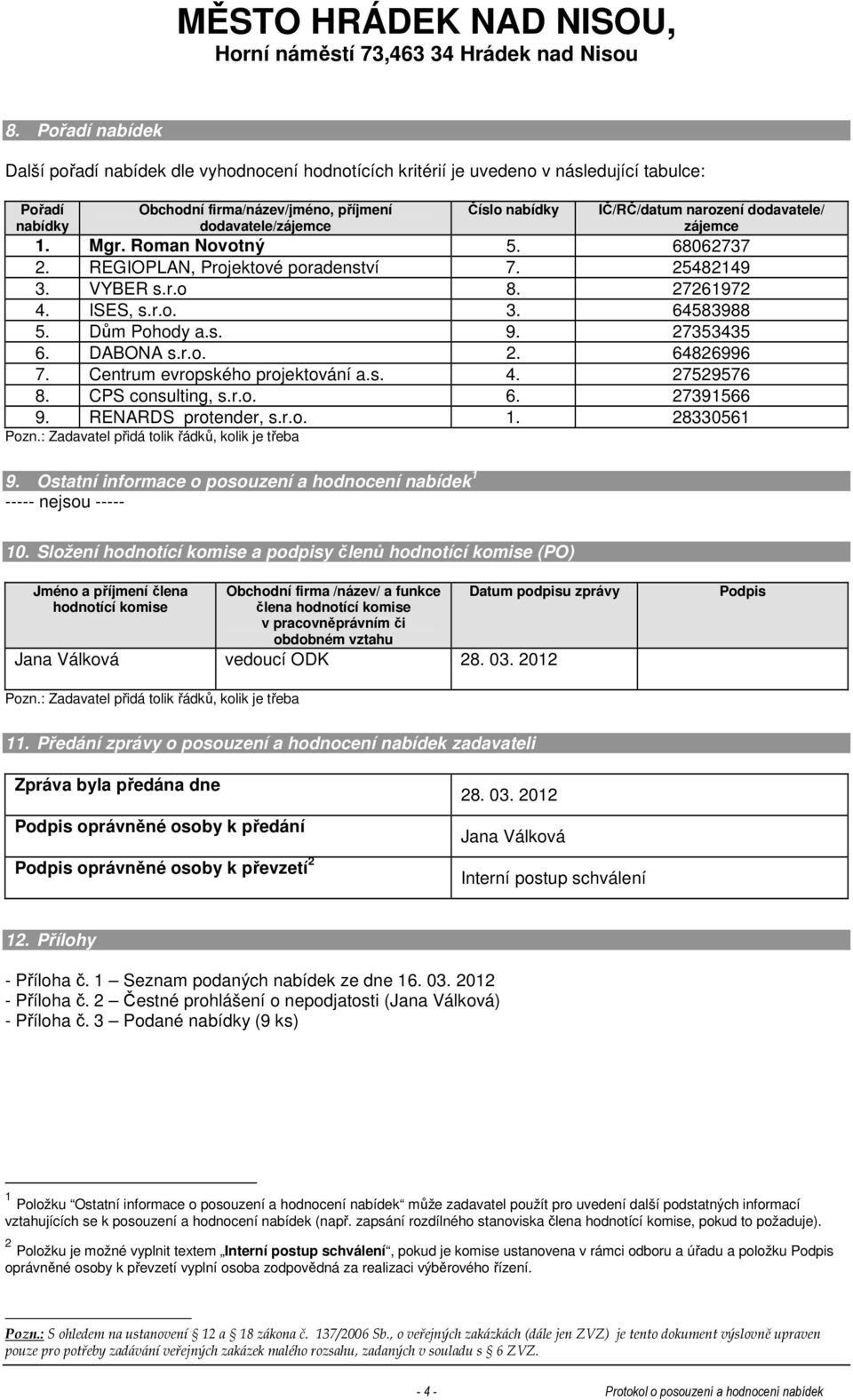 CPS consulting, s.r.o. 6. 27391566 9. RENARDS protender, s.r.o. 1. 28330561 9. Ostatní informace o posouzení a hodnocení nabídek 1 ----- nejsou ----- 10.