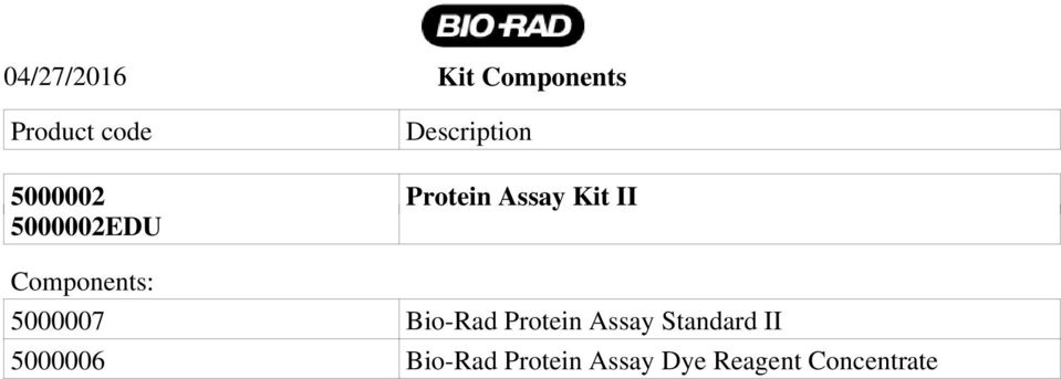 5000002EDU Components: 5000007 Bio-Rad Protein