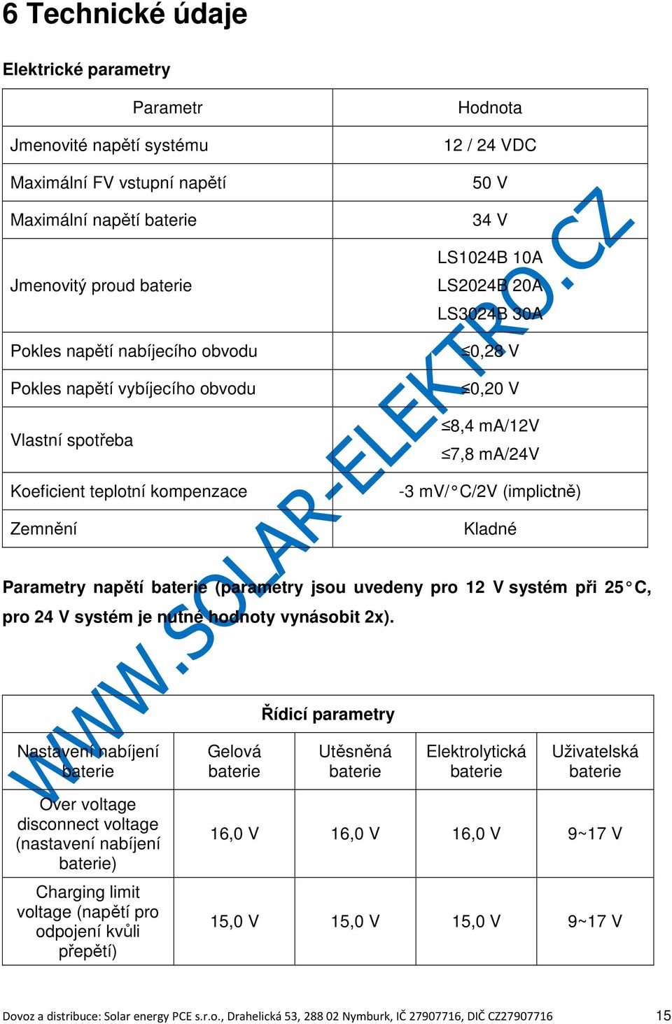 (implicitně) Kladné Parametry napětí baterie (parametry jsou uvedeny pro 12 V systém při 25 C, pro 24 V systém je nutné hodnoty vynásobit 2x).