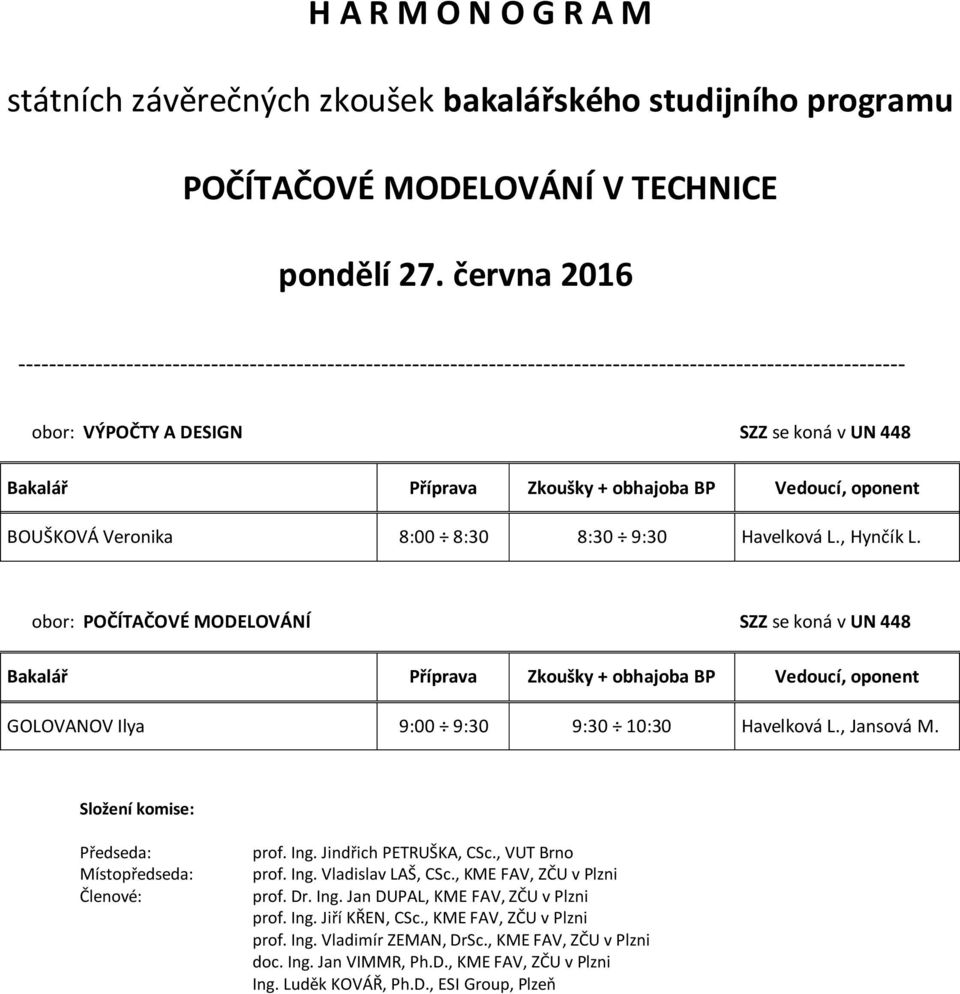 obor: POČÍTAČOVÉ MODELOVÁNÍ SZZ se koná v UN 448 Bakalář Příprava Zkoušky + obhajoba BP Vedoucí, oponent GOLOVANOV Ilya 9:00 9:30 9:30 10:30 Havelková L., Jansová M. prof. Ing.