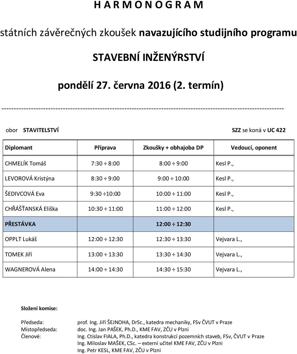 , TOMEK Jiří 13:00 13:30 13:30 14:30 Vejvara L., WAGNEROVÁ Alena 14:00 14:30 14:30 15:30 Vejvara L., prof. Ing. Jiří ŠEJNOHA, DrSc., katedra mechaniky, FSv ČVUT v Praze doc. Ing. Jan PAŠEK, Ph.