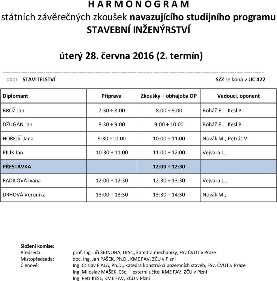 , DRHOVÁ Veronika 13:00 13:30 13:30 14:30 Novák M., prof. Ing. Jiří ŠEJNOHA, DrSc., katedra mechaniky, FSv ČVUT v Praze doc. Ing. Jan PAŠEK, Ph.D., KME FAV, ZČU v Plzni Ing.