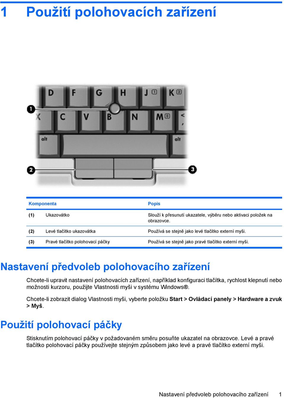 Nastavení předvoleb polohovacího zařízení Chcete-li upravit nastavení polohovacích zařízení, například konfiguraci tlačítka, rychlost klepnutí nebo možnosti kurzoru, použijte Vlastnosti myši v