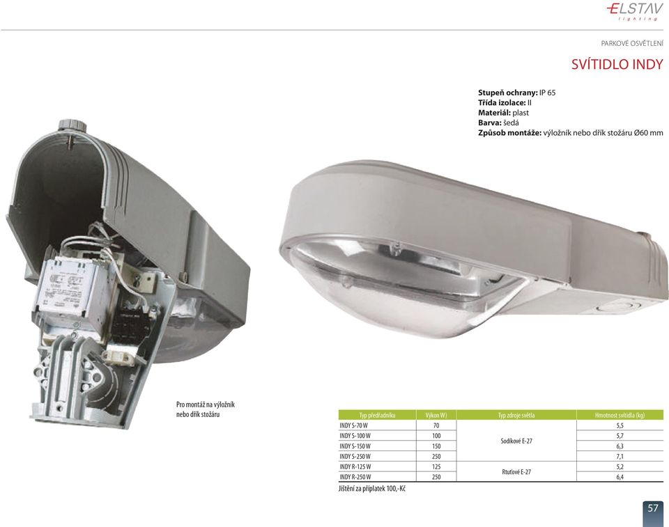 zdroje světla Hmotnost svítidla (kg) INDY S-70 W 70 5,5 INDY S-100 W 100 5,7 Sodíkové E-27 INDY S-150 W