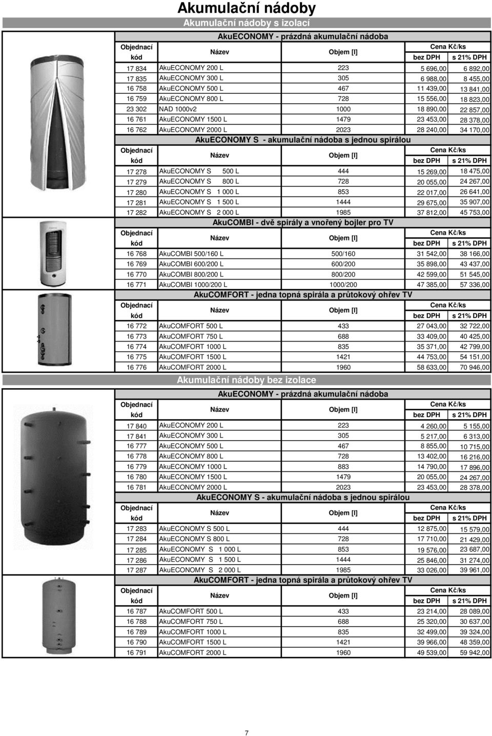 2000 L 2023 28 240,00 34 170,00 AkuECONOMY S - akumulační nádoba s jednou spirálou Objem [l] 17 278 AkuECONOMY S 500 L 444 15 269,00 18 475,00 17 279 AkuECONOMY S 800 L 728 20 055,00 24 267,00 17 280