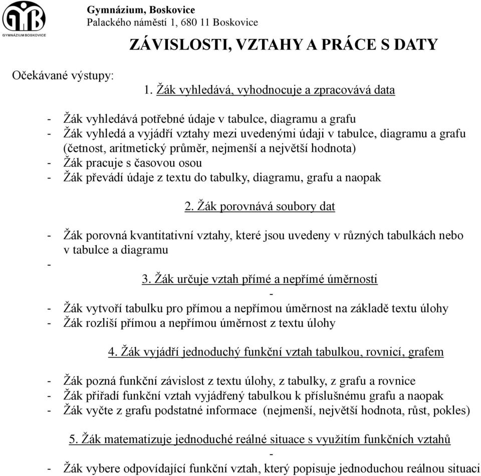 aritmetický průměr, nejmenší a největší hodnota) - Žák pracuje s časovou osou - Žák převádí údaje z textu do tabulky, diagramu, grafu a naopak 2.