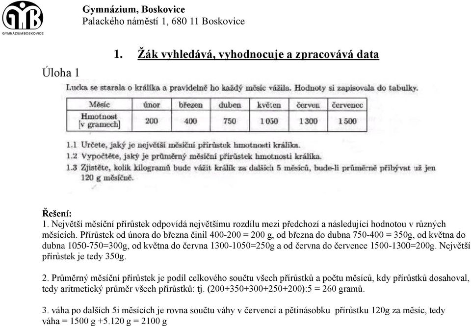 1500-1300=200g. Největší přírůstek je tedy 350g. 2.