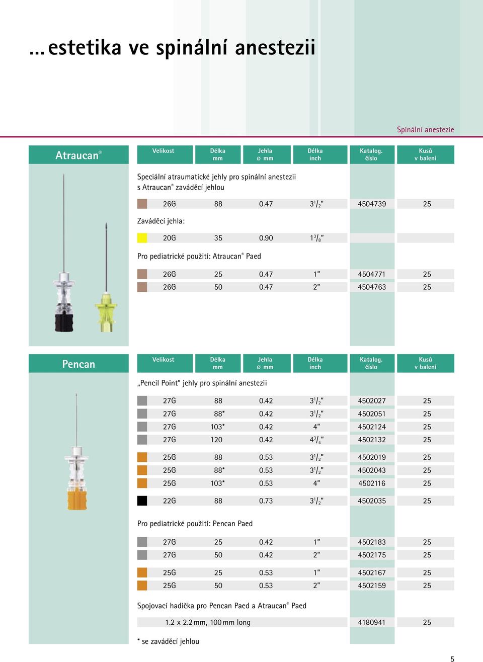 90 1 3 / 8 Pro pediatrické použití: Atraucan Paed 26G 25 0.47 1 4504771 25 26G 50 0.47 2 4504763 25 Pencan Velikost Délka Jehla Délka Katalog.