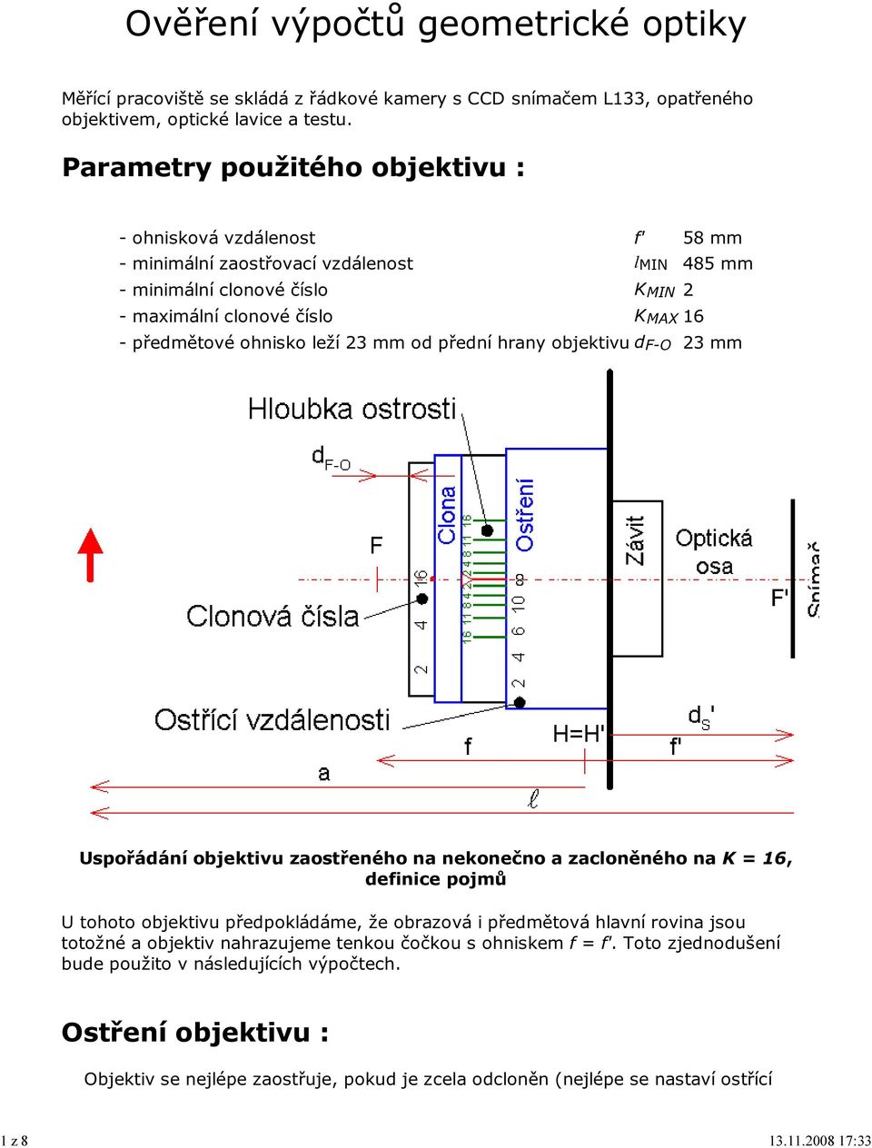 ohnisko leží 23 mm od přední hrany objektivu d F-O 23 mm Uspořádání objektivu zaostřeného na nekonečno a zacloněného na K = 16, definice pojmů U tohoto objektivu předpokládáme, že obrazová i