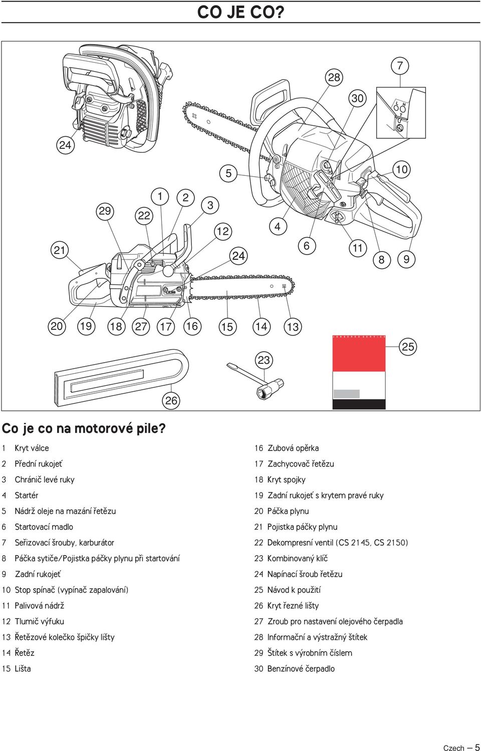 Zadní rukojeè 10 Stop spínaã (vypínaã zapalování) 11 Palivová nádrï 12 Tlumiã v fuku 13 etûzové koleãko piãky li ty 14 etûz 15 Li ta 16 Zubová opûrka 17 Zachycovaã fietûzu 18 Kryt spojky 19 Zadní