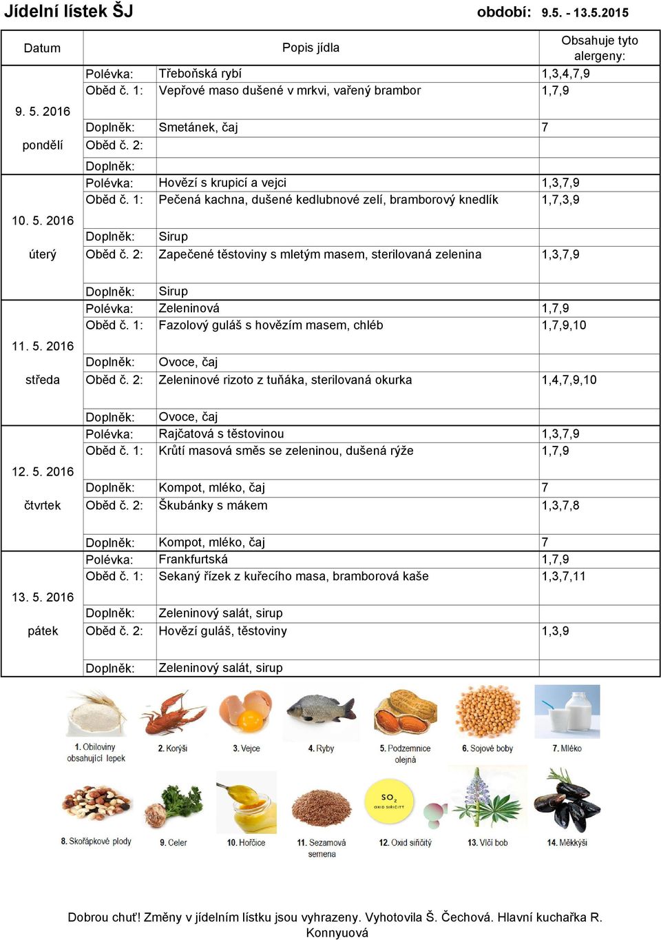 2016 Sirup úterý Zapečené těstoviny s mletým masem, sterilovaná zelenina 1,3,7,9 Sirup Zeleninová 1,7,9 Fazolový guláš s hovězím masem, chléb 1,7,9,10 11. 5.