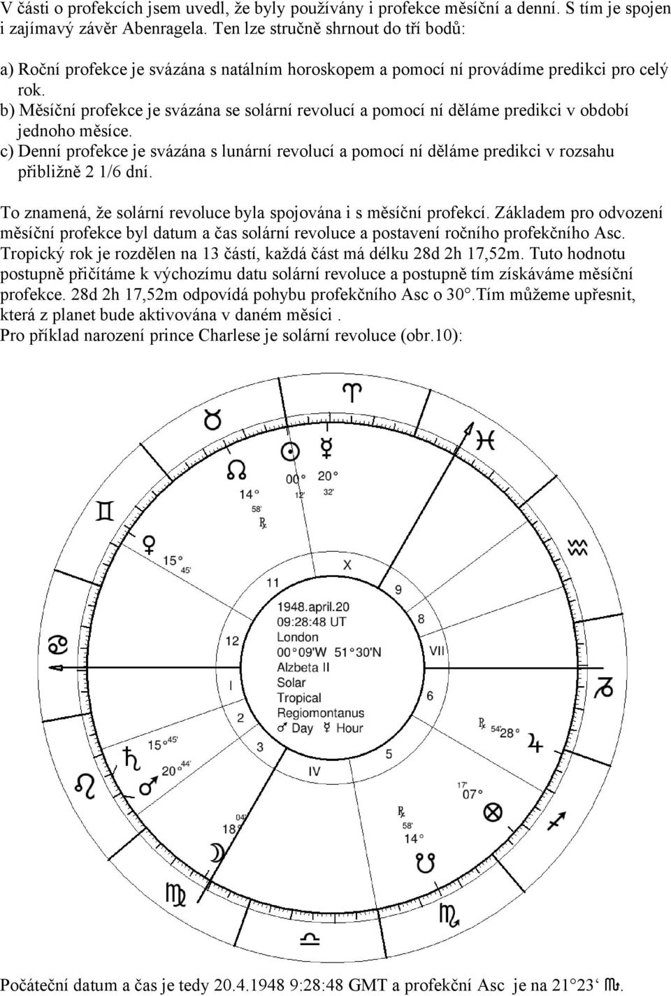 b) Měsíční profekce je svázána se solární revolucí a pomocí ní děláme predikci v období jednoho měsíce.