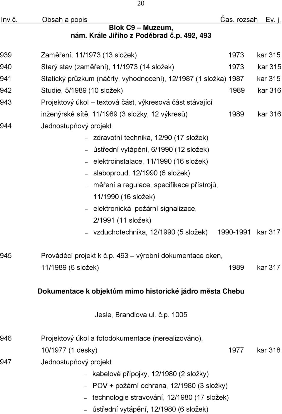 Studie, 5/1989 (10 složek) 1989 kar 316 943 Projektový úkol textová část, výkresová část stávající inženýrské sítě, 11/1989 (3 složky, 12 výkresů) 1989 kar 316 944 Jednostupňový projekt zdravotní