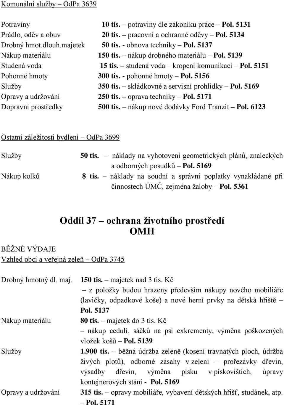 5156 Služby 350 tis. skládkovné a servisní prohlídky Pol. 5169 Opravy a udržování 250 tis. oprava techniky Pol. 5171 Dopravní prostředky 500 tis. nákup nové dodávky Ford Tranzit Pol.