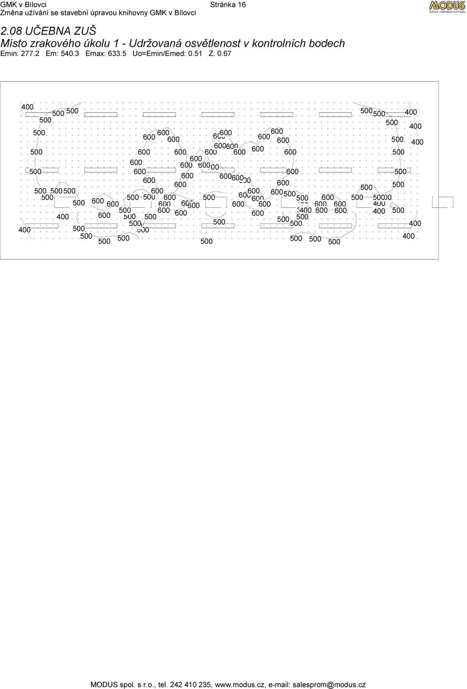 osvětlenost v kontrolních bodech Emin: 277.2 Em: 540.