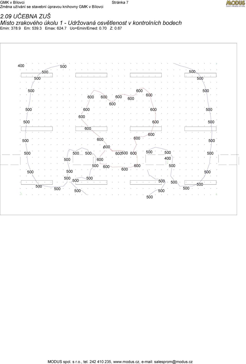 osvětlenost v kontrolních bodech Emin: 378.9 Em: 539.