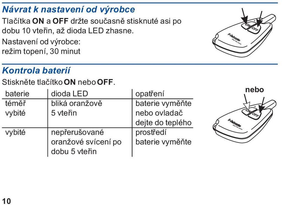 Nastavení od výrobce: režim topení, 30 minut Kontrola baterií Stisknìte tlaèítko ON nebo OFF.