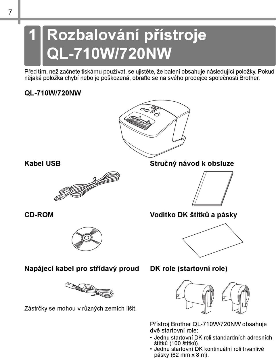QL-710W/720NW Kabel USB Stručný návod k obsluze CD-ROM Vodítko DK štítků a pásky Napájecí kabel pro střídavý proud DK role (startovní role) Zástrčky se